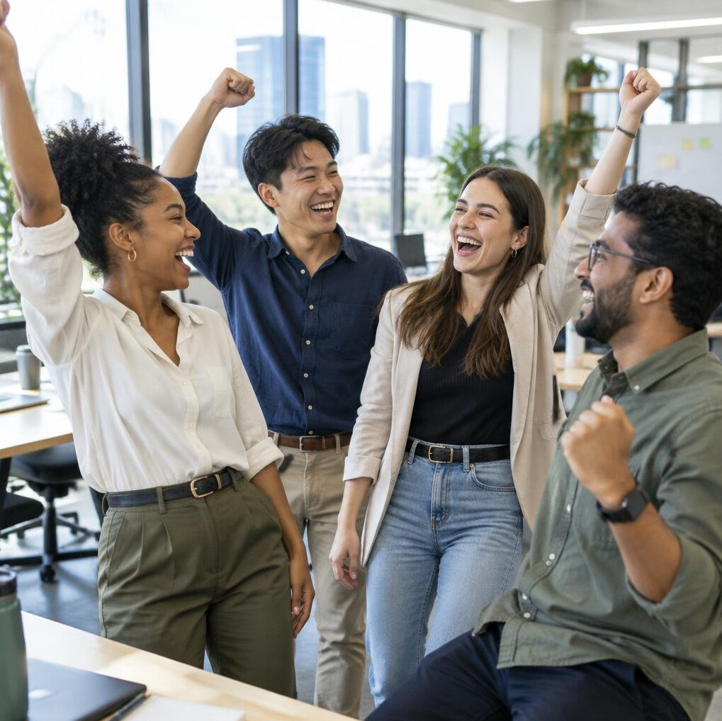 Small group of colleagues celebrating with raised arms in an office