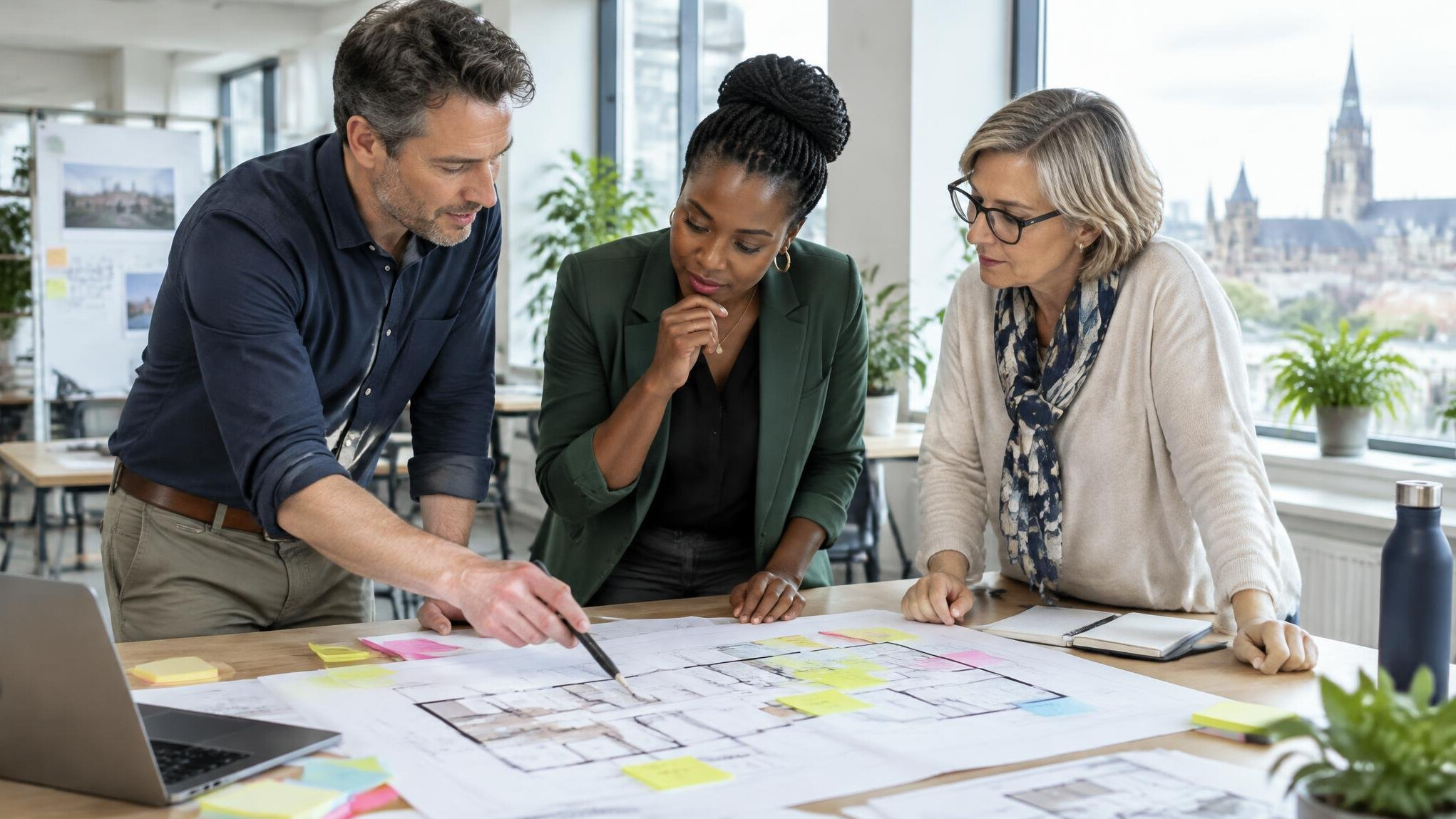 Team of colleagues discussing workplace layout around a table with notes and a laptop