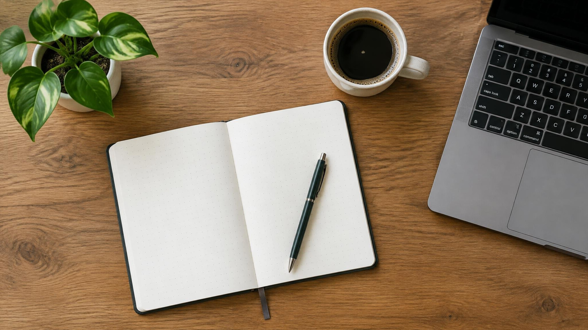 Overhead view of a wooden desk with a notebook, plant, and coffee cup